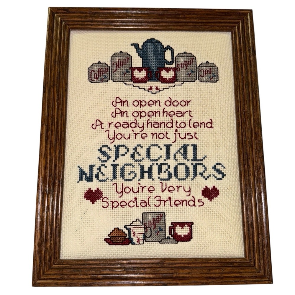 Vintage Cross Stitch Framed Special Neighbor and Friend 6"x8" Handmade By Laura